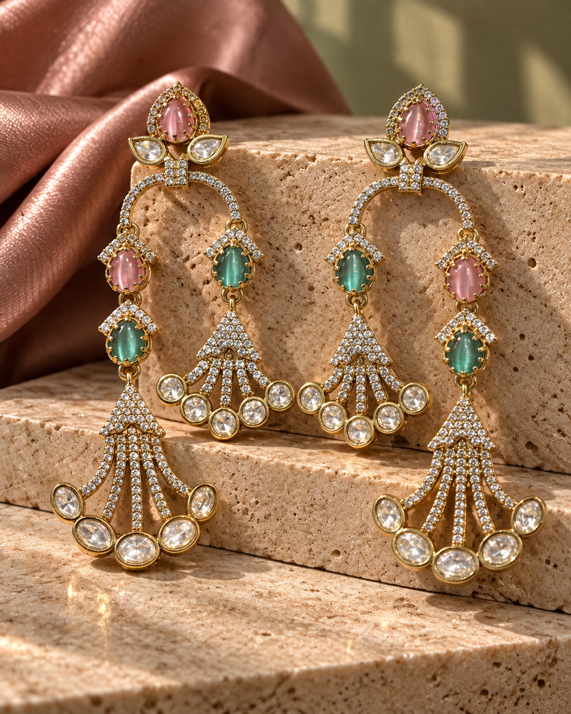 Blush & Emerald Cascading Earrings – Luxe Chandelier — Photo 1