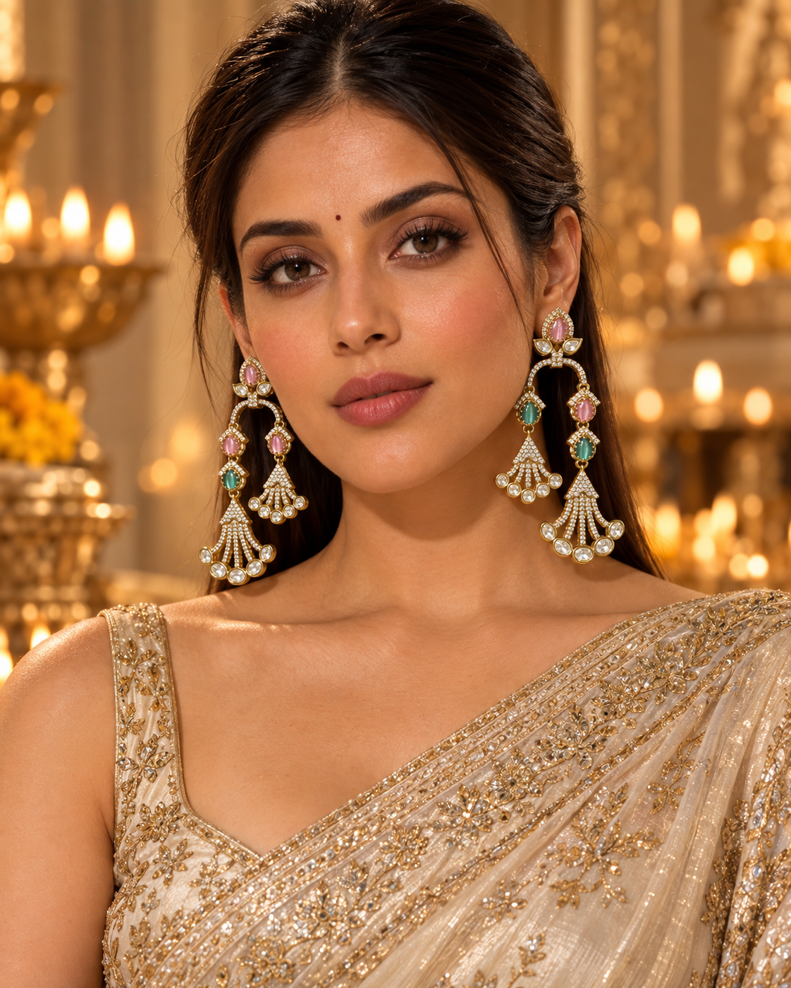 Blush & Emerald Cascading Earrings – Luxe Chandelier — Photo 2