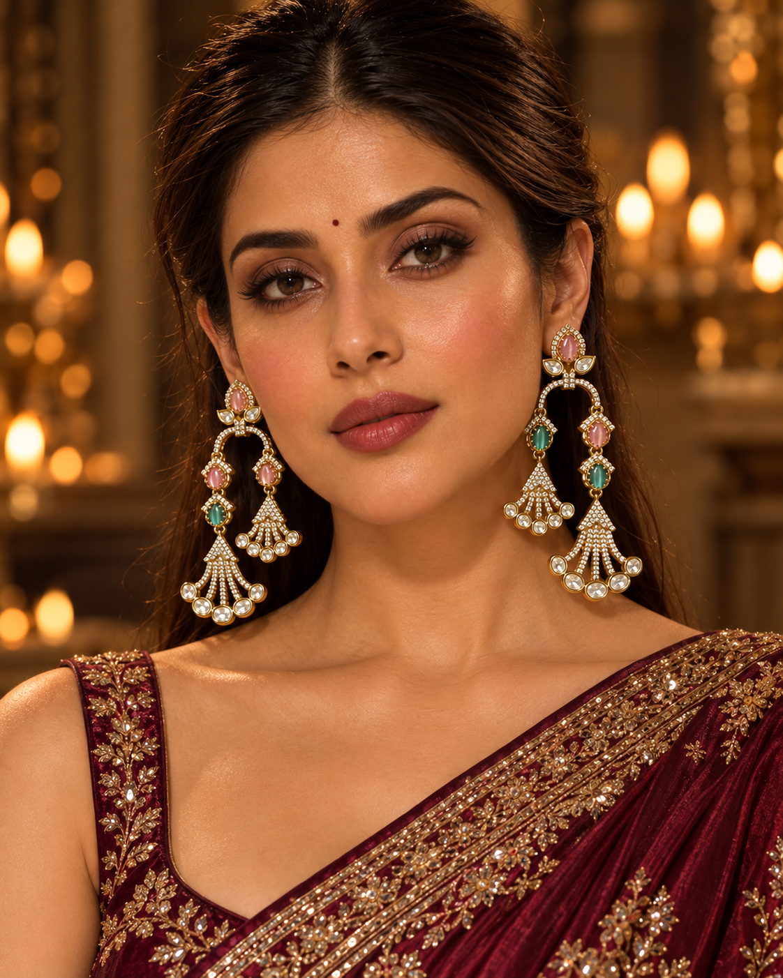 Blush & Emerald Cascading Earrings – Luxe Chandelier — Photo 4