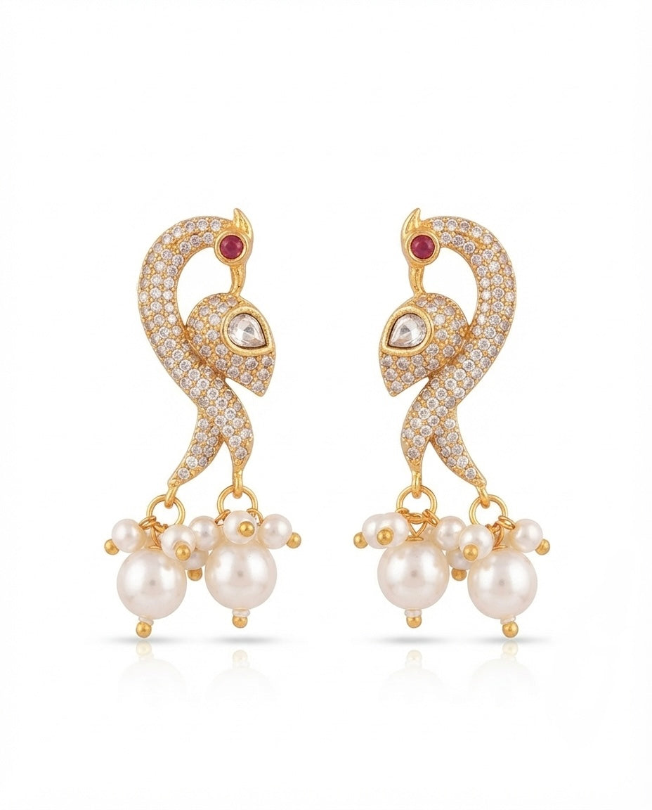 Peacock Pearl Drop Earrings – Crystal Embellished — Photo 2