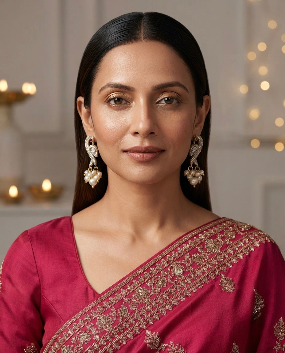 Peacock Pearl Drop Earrings – Crystal Embellished — Photo 6