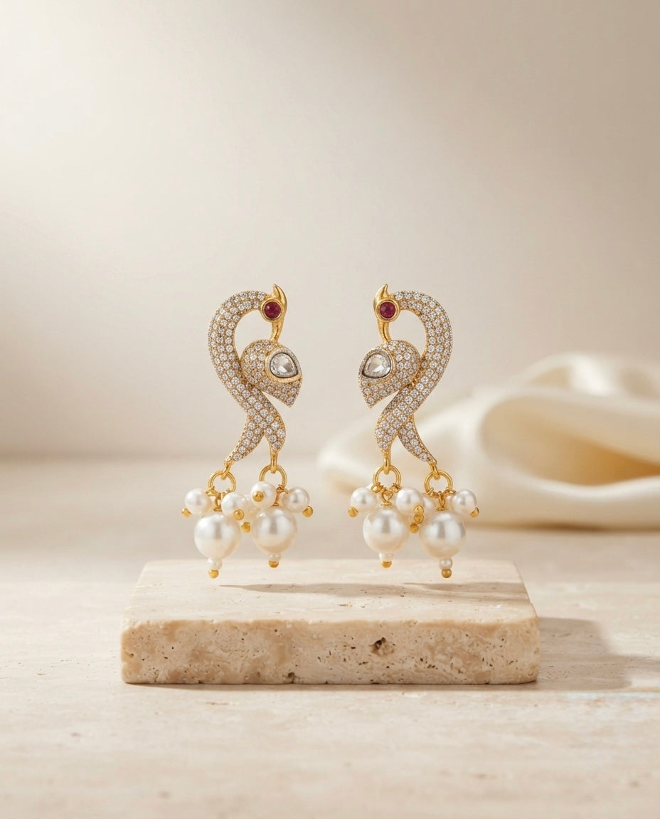 Peacock Pearl Drop Earrings – Crystal Embellished — Photo 7