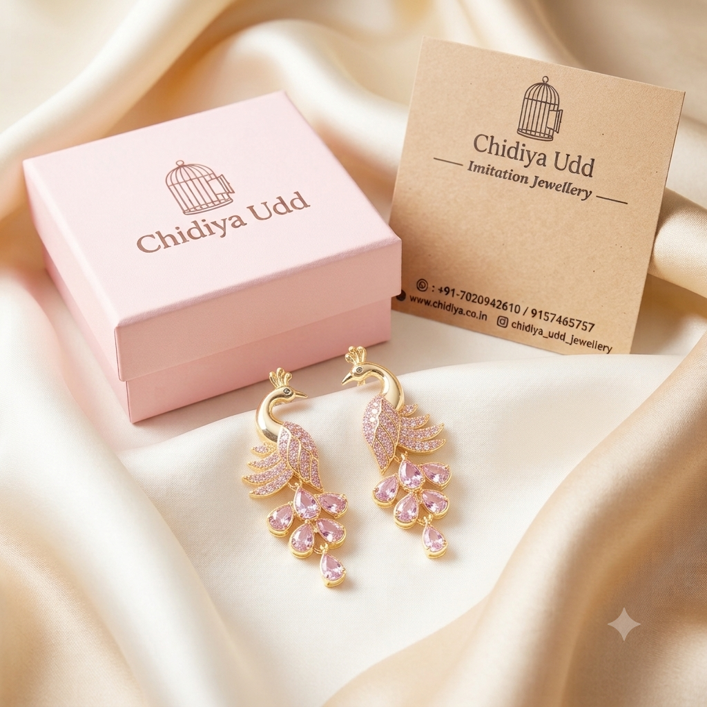 Peacock Bloom Pink Crystal Drop Earrings — Photo 5