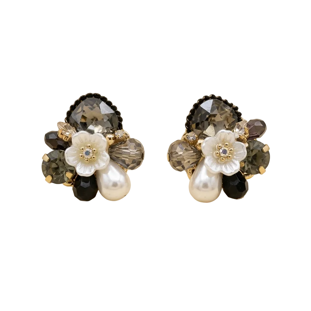 Noir Pearl Floral Cluster Earrings — Photo 1