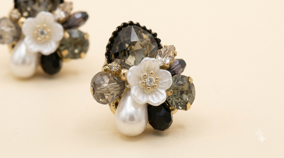 Noir Pearl Floral Cluster Earrings — Photo 2