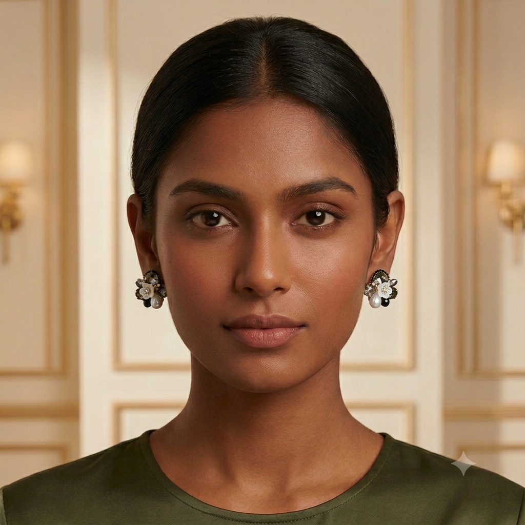 Noir Pearl Floral Cluster Earrings — Photo 4