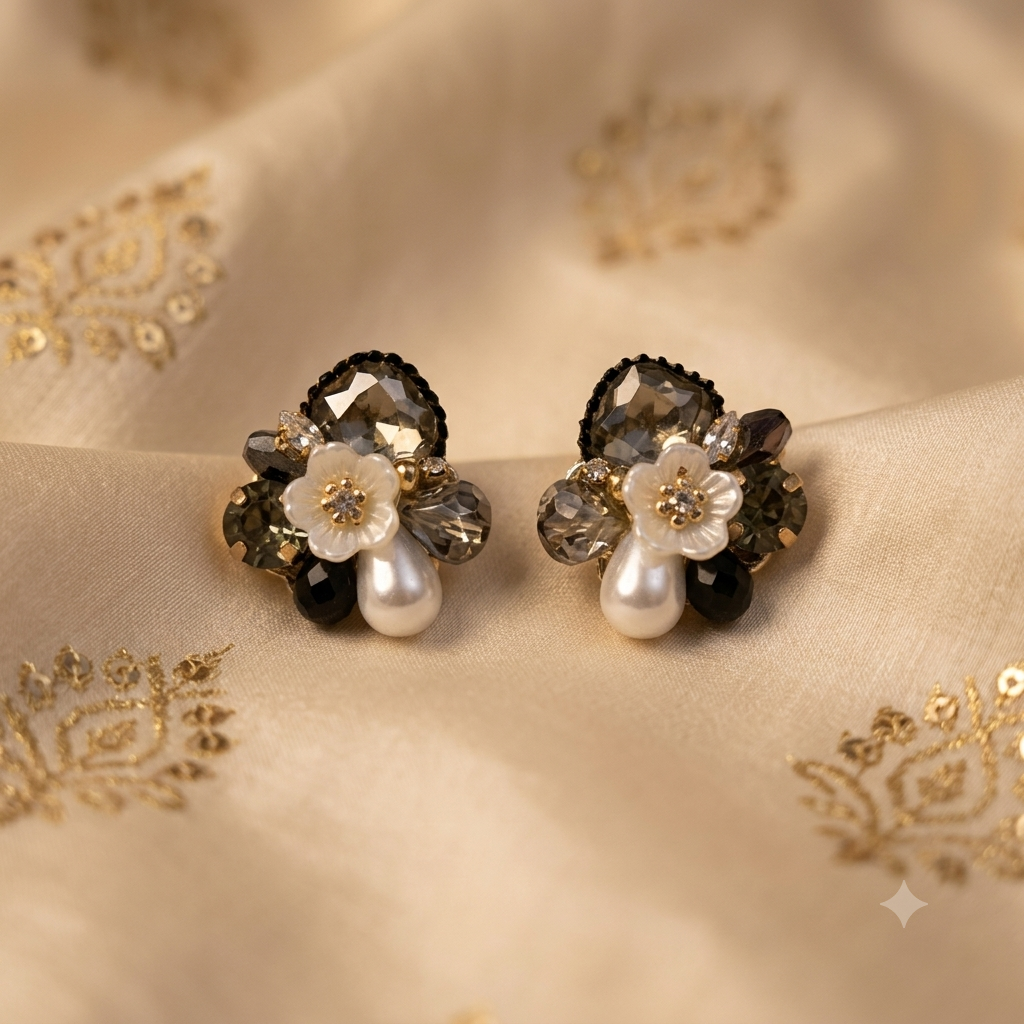 Noir Pearl Floral Cluster Earrings — Photo 6