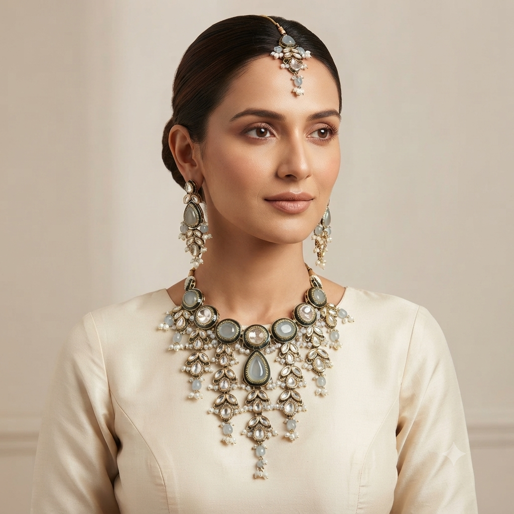 Mint Green Kundan Necklace Set with Maang Tikka — Photo 1