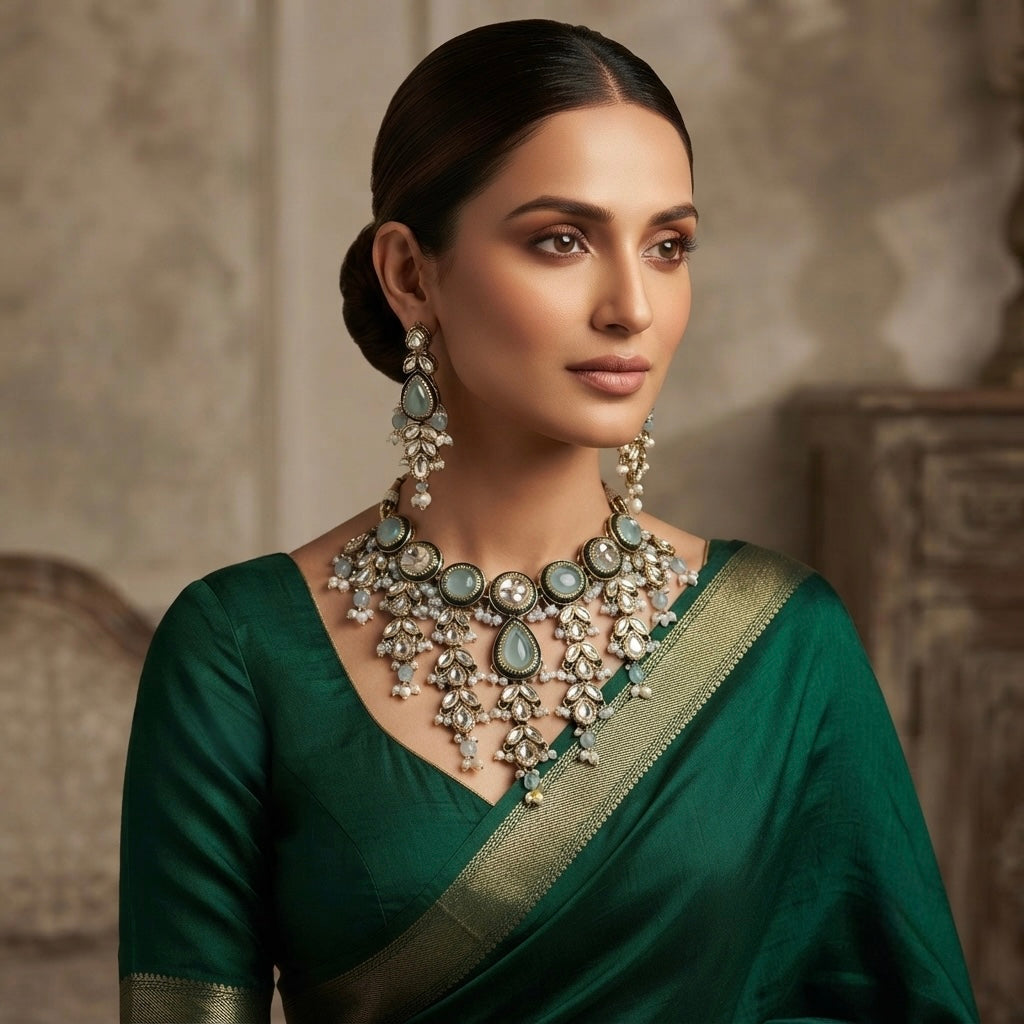 Mint Green Kundan Necklace Set with Maang Tikka — Photo 4
