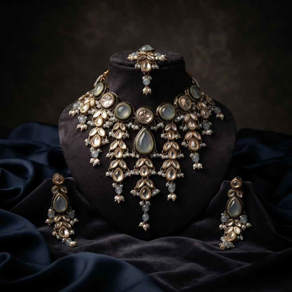 Mint Green Kundan Necklace Set with Maang Tikka — Photo 5