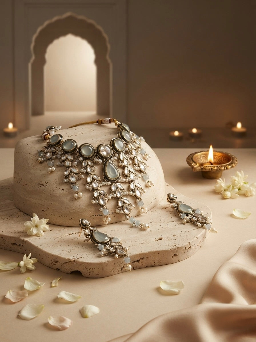 Mint Green Kundan Necklace Set with Maang Tikka — Photo 6