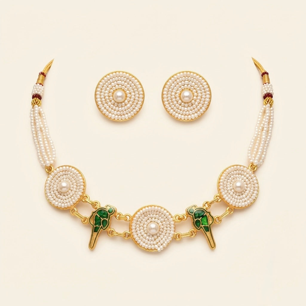 Pearl & Emerald Bird Motif Necklace Set — Photo 1