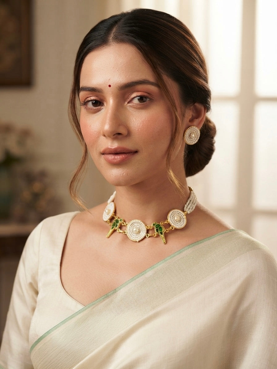 Pearl & Emerald Bird Motif Necklace Set — Photo 3