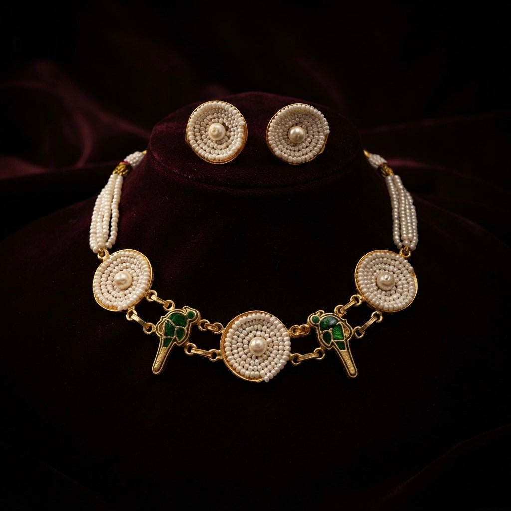 Pearl & Emerald Bird Motif Necklace Set — Photo 4