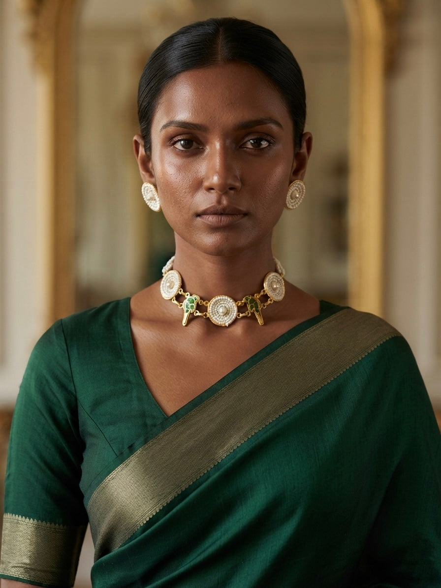Pearl & Emerald Bird Motif Necklace Set — Photo 5