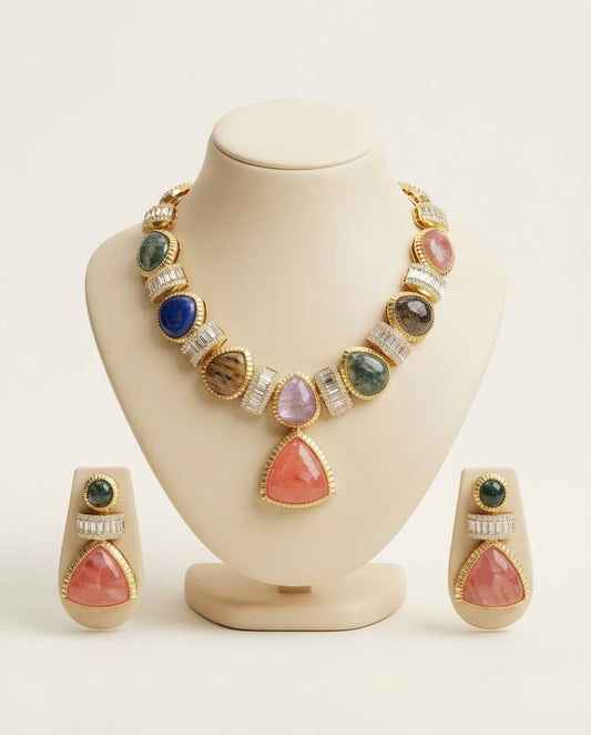 Multicolor Natural Stone Statement Necklace Set — Photo 1