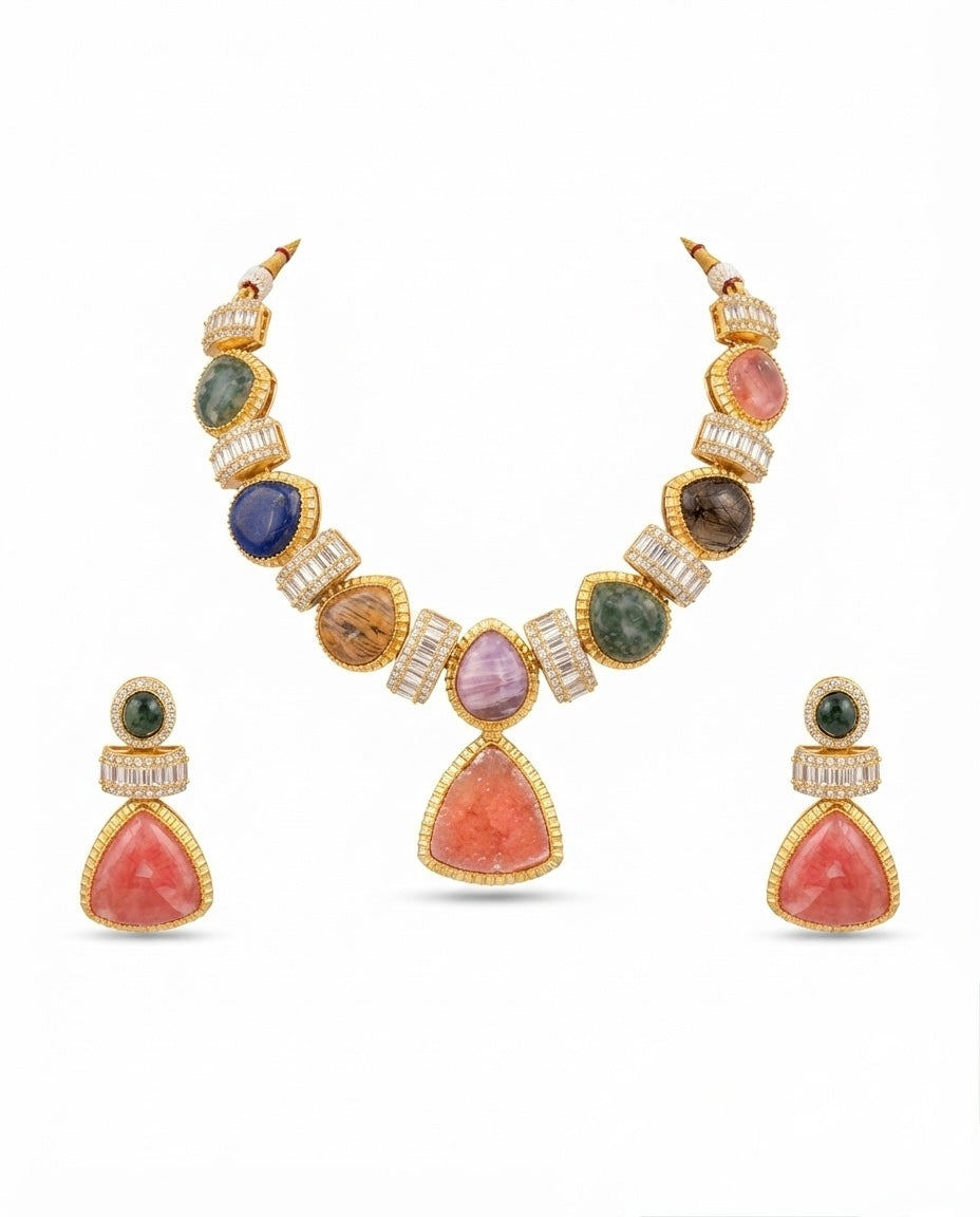 Multicolor Natural Stone Statement Necklace Set — Photo 10