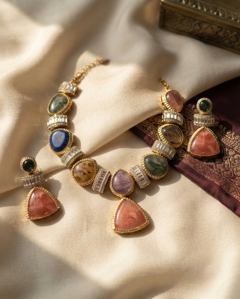 Multicolor Natural Stone Statement Necklace Set — Photo 7