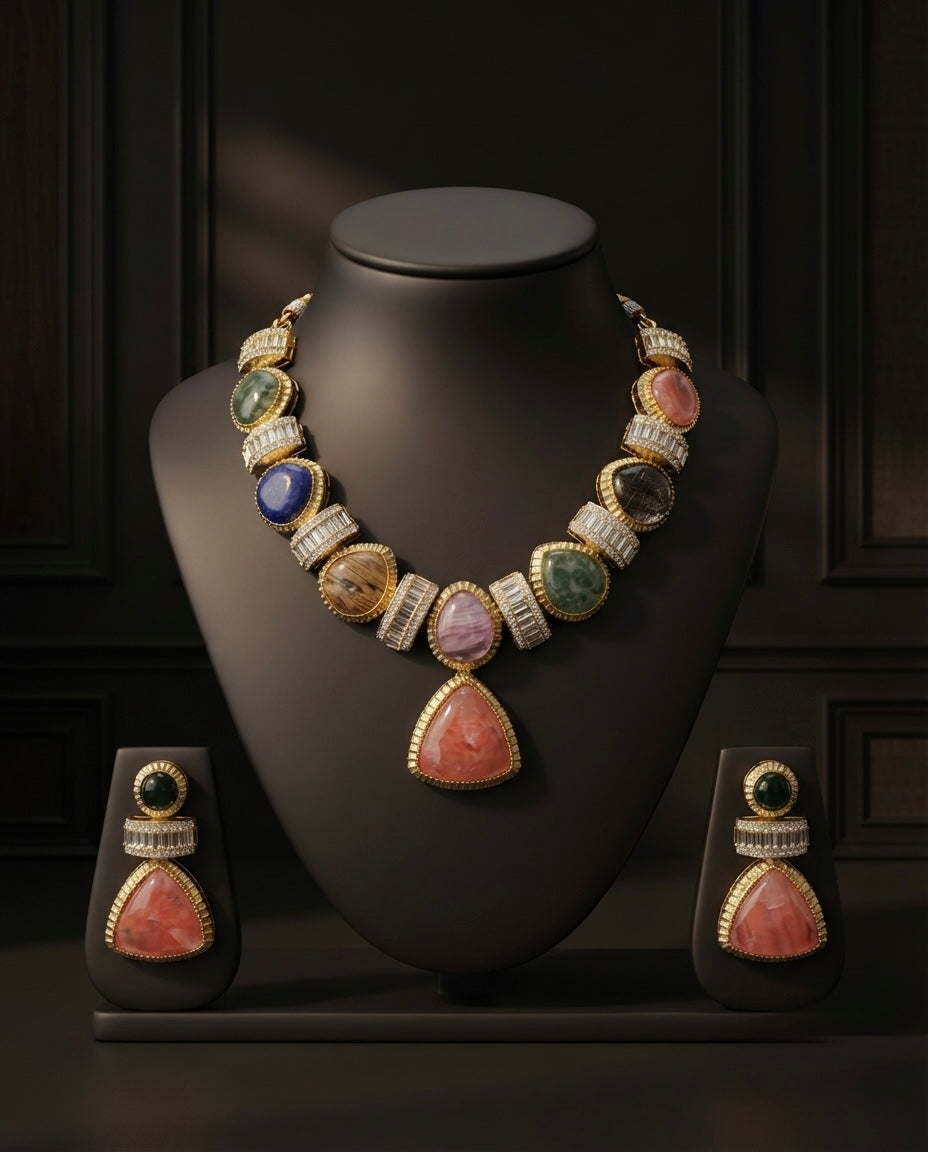 Multicolor Natural Stone Statement Necklace Set — Photo 9
