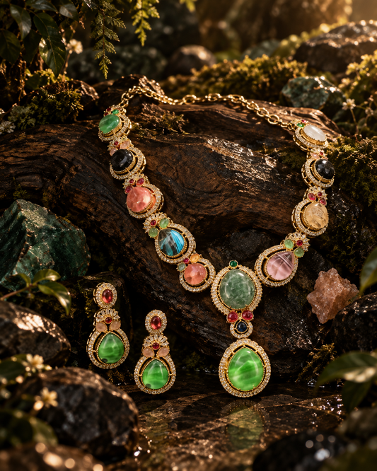 Green & Multicolor Gemstone Necklace Set — Photo 1