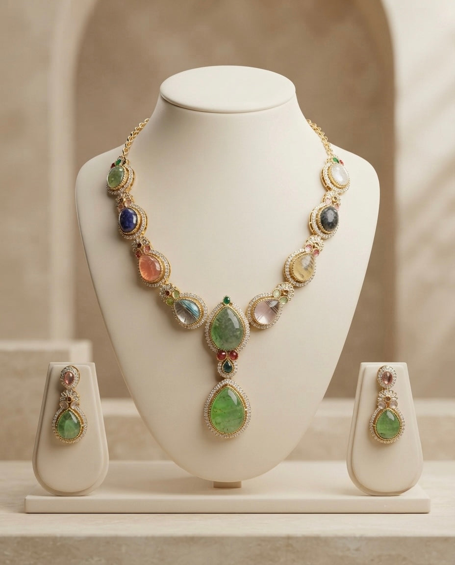 Green & Multicolor Gemstone Necklace Set — Photo 2