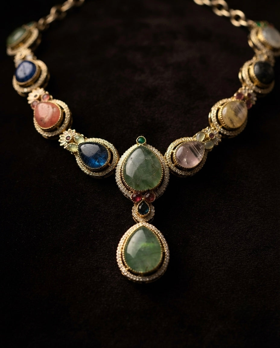 Green & Multicolor Gemstone Necklace Set — Photo 4