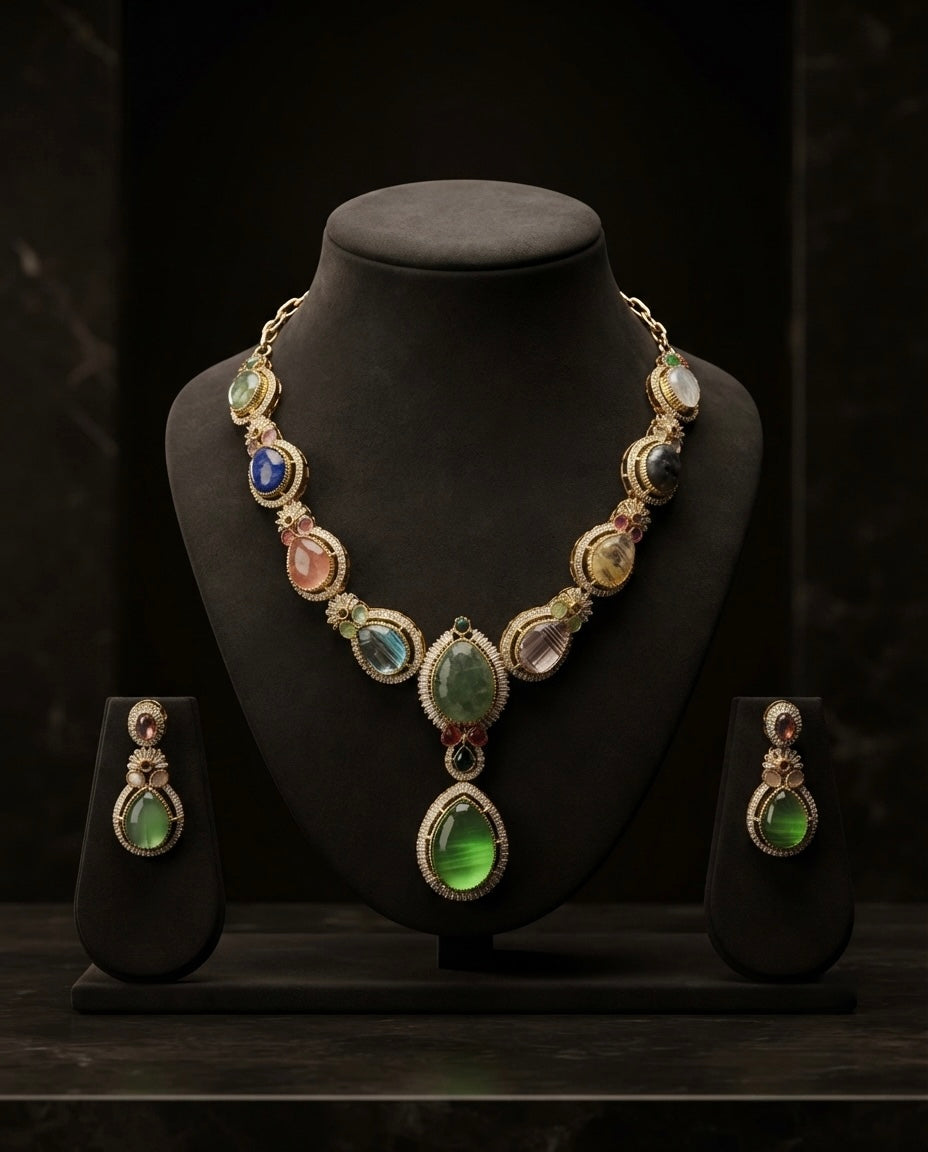 Green & Multicolor Gemstone Necklace Set — Photo 7