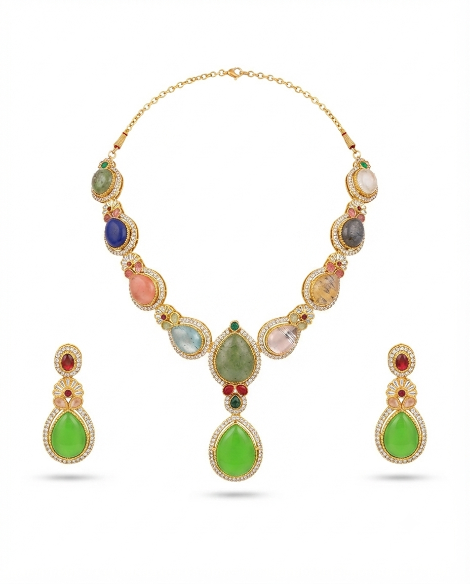 Green & Multicolor Gemstone Necklace Set — Photo 8