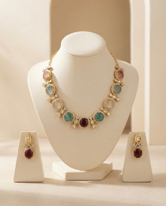 Pastel Multicolor Oval Stone Necklace Set — Photo 1