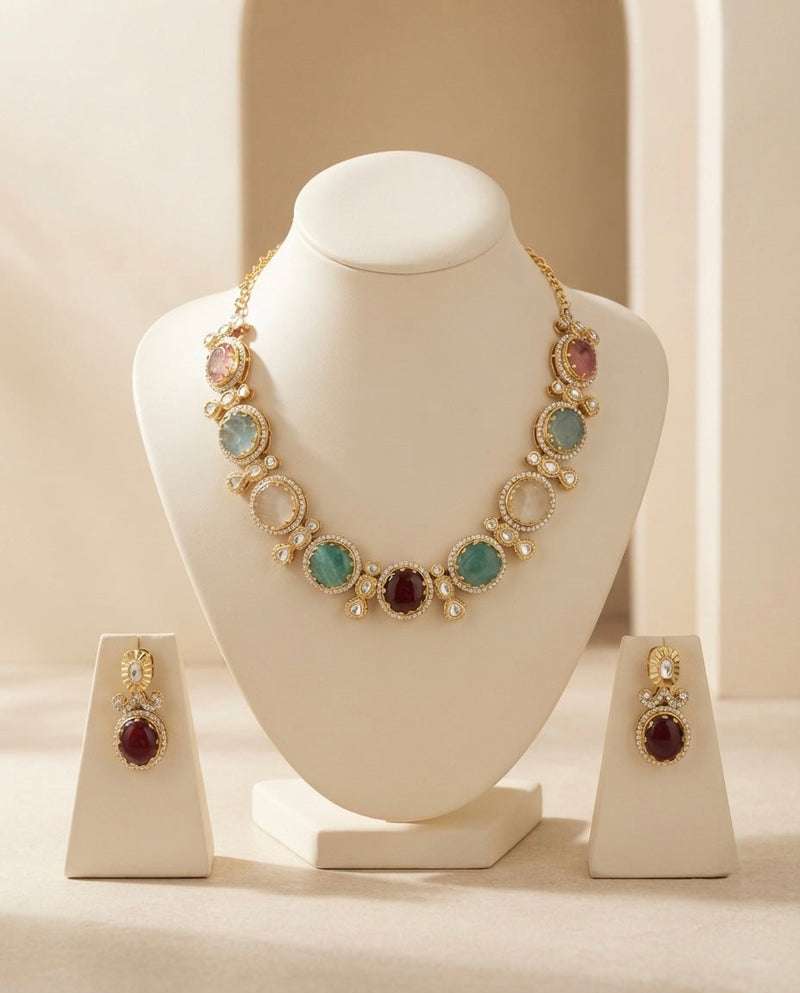 Pastel Multicolor Oval Stone Necklace Set — Photo 1
