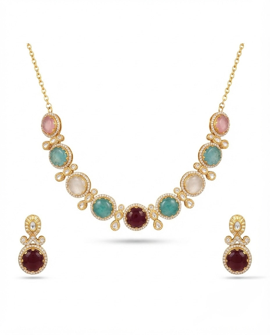 Pastel Multicolor Oval Stone Necklace Set — Photo 3