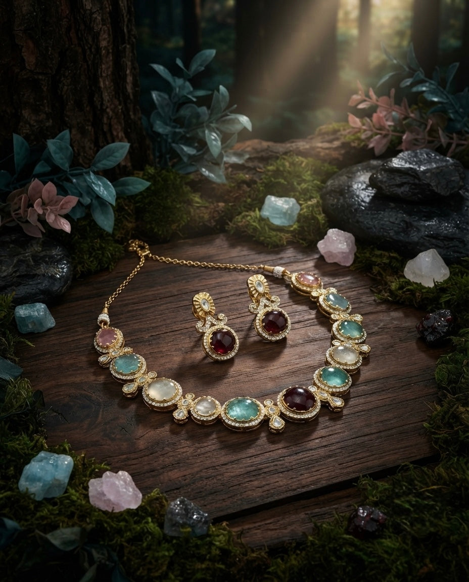 Pastel Multicolor Oval Stone Necklace Set — Photo 4