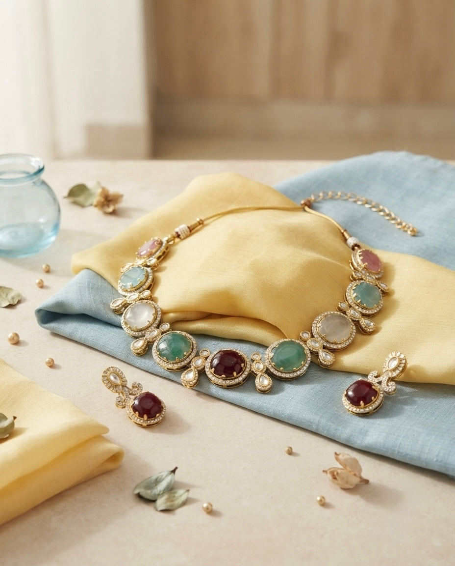 Pastel Multicolor Oval Stone Necklace Set — Photo 5