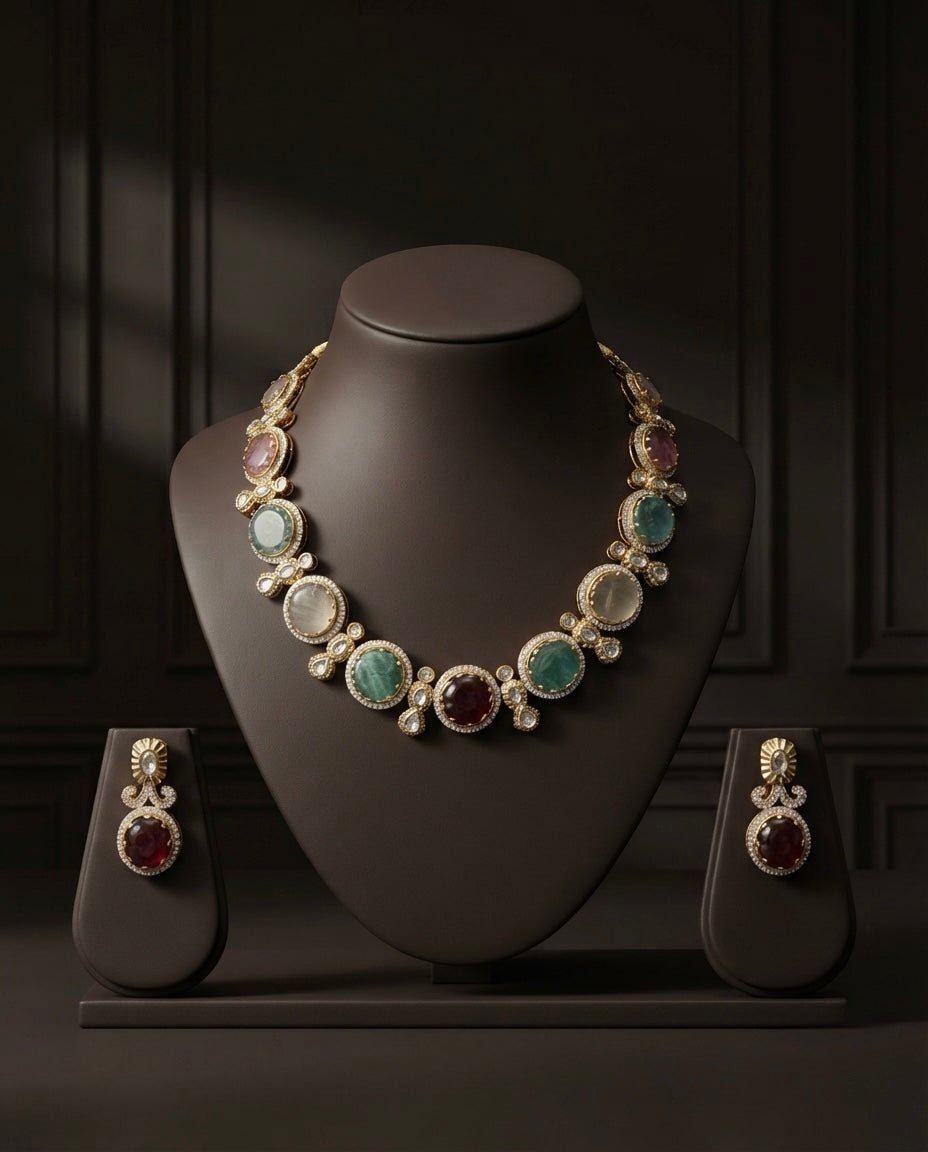 Pastel Multicolor Oval Stone Necklace Set — Photo 9