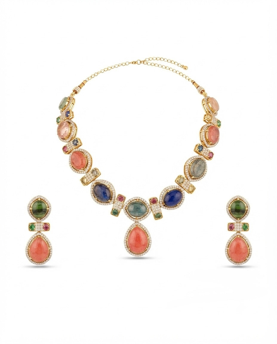 Multicolor Coral & Blue Statement Necklace Set — Photo 2