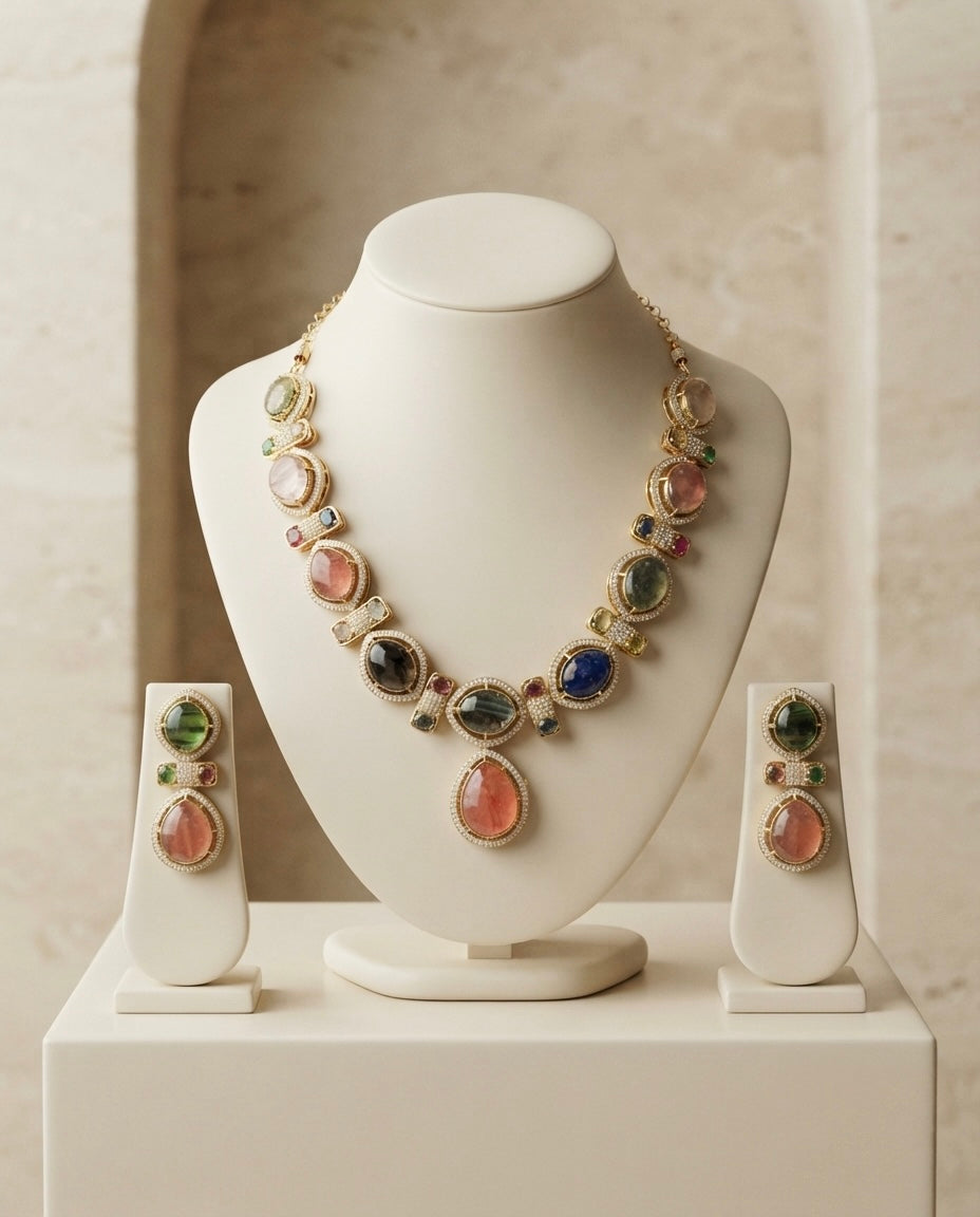 Multicolor Coral & Blue Statement Necklace Set — Photo 3
