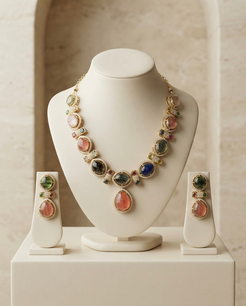 Multicolor Coral & Blue Statement Necklace Set — Photo 3