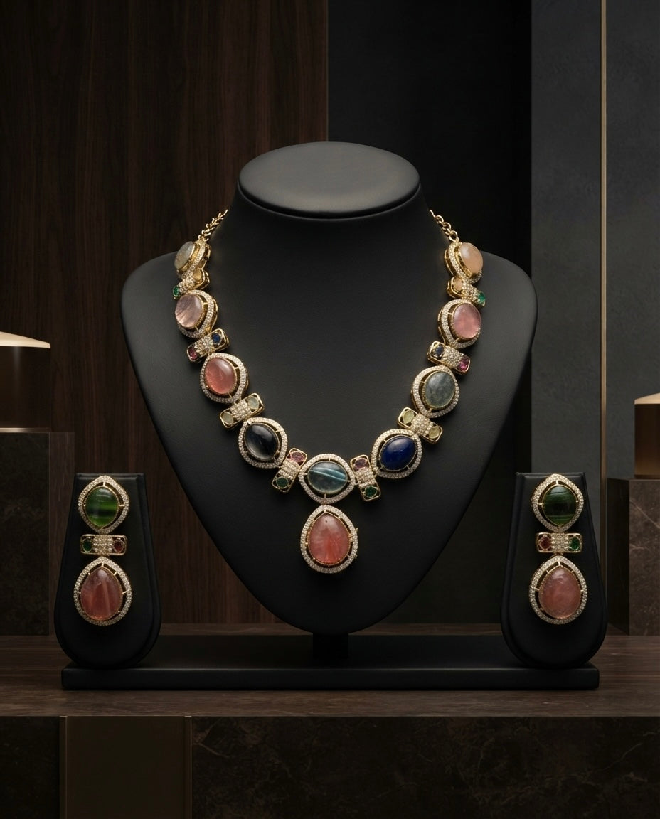 Multicolor Coral & Blue Statement Necklace Set — Photo 4