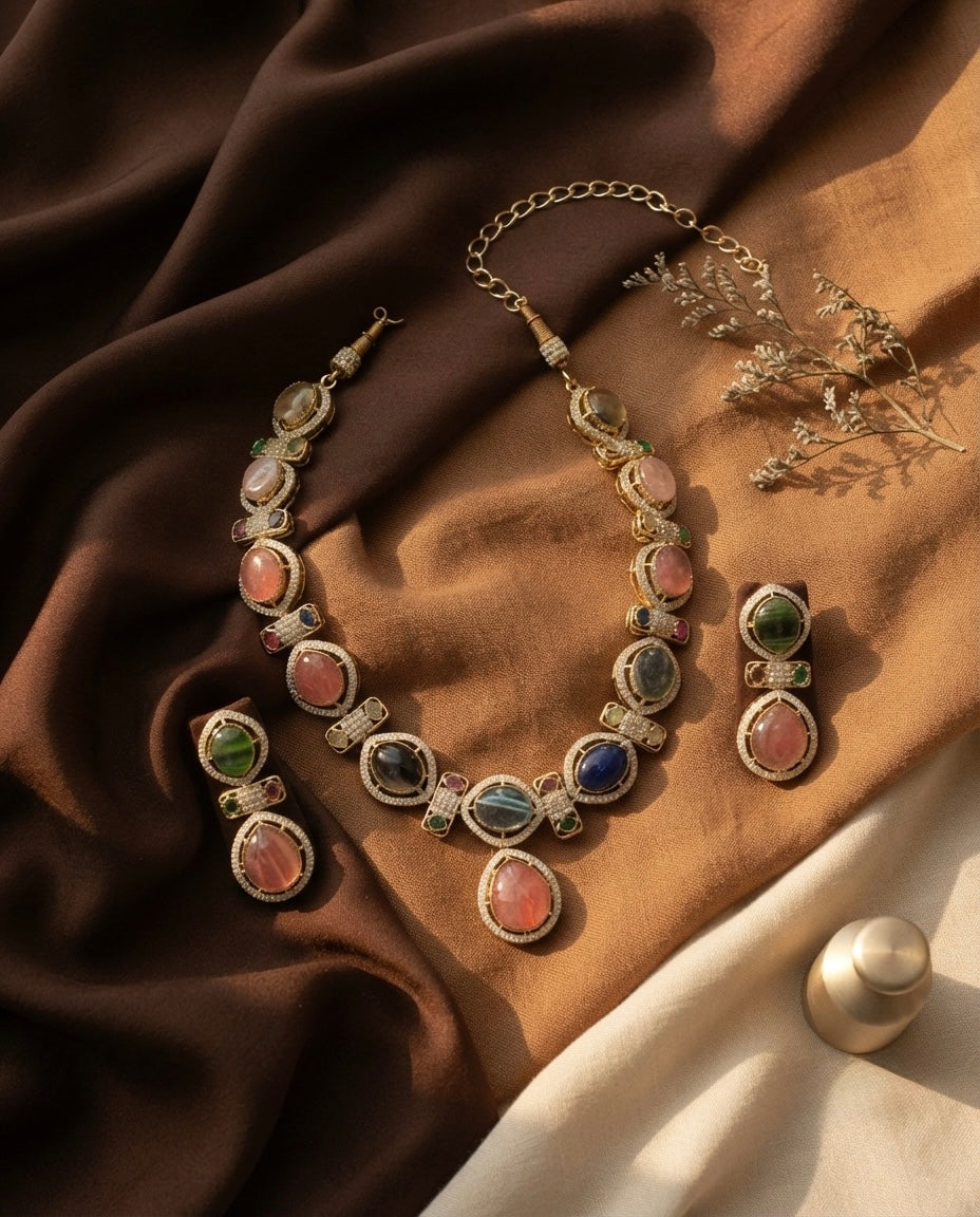 Multicolor Coral & Blue Statement Necklace Set — Photo 6