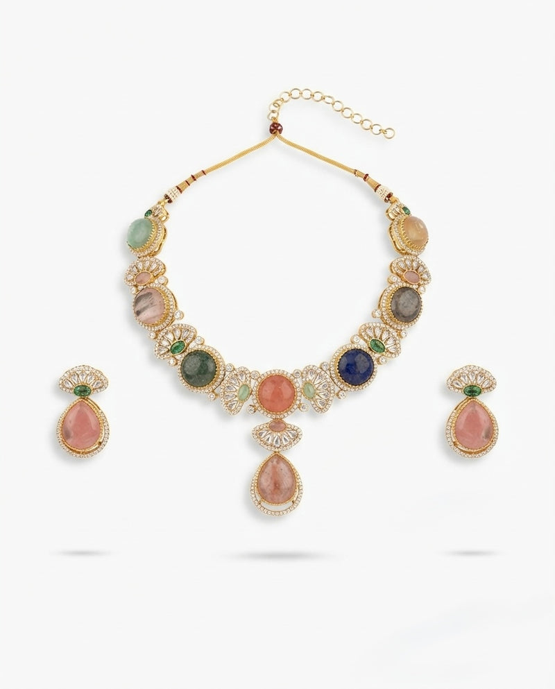 Pastel Multicolor Floral Gemstone Necklace Set — Photo 2