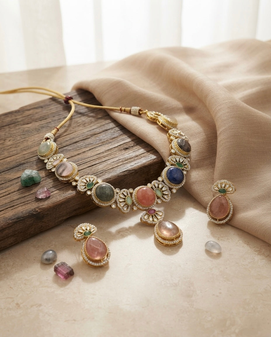 Pastel Multicolor Floral Gemstone Necklace Set — Photo 7