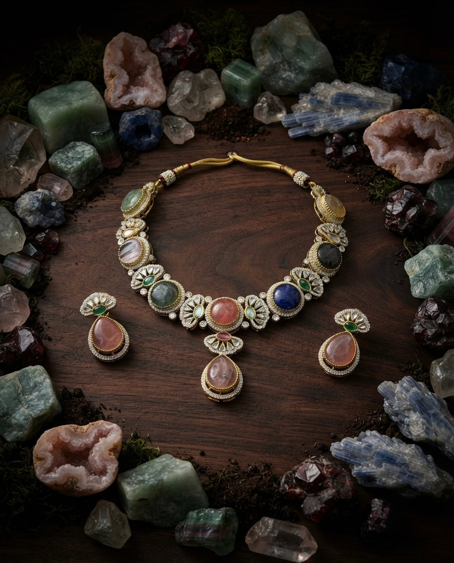 Pastel Multicolor Floral Gemstone Necklace Set — Photo 8