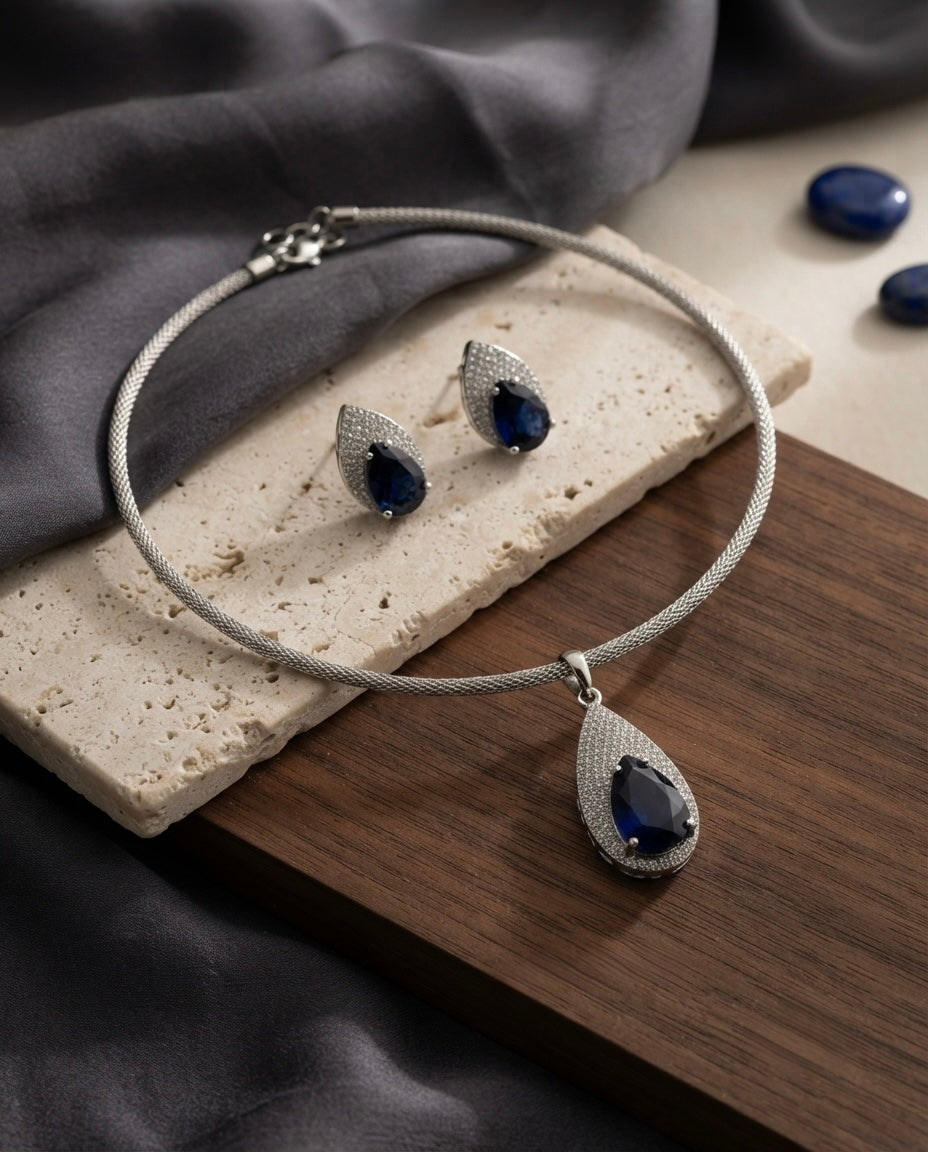 Royal Blue Sapphire-Style Necklace Set — Photo 3