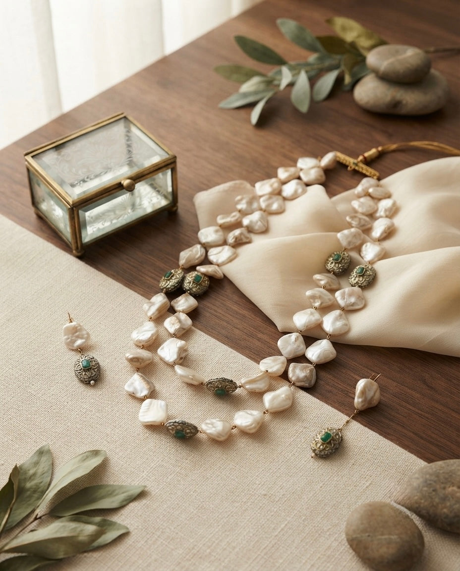 Freshwater Pearl & Emerald Necklace Set — Photo 3