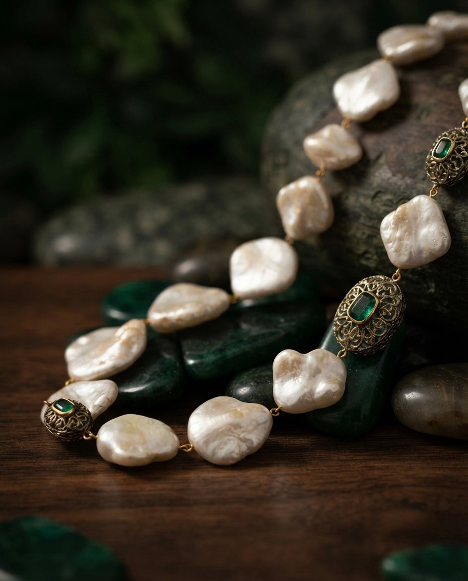 Freshwater Pearl & Emerald Necklace Set — Photo 5