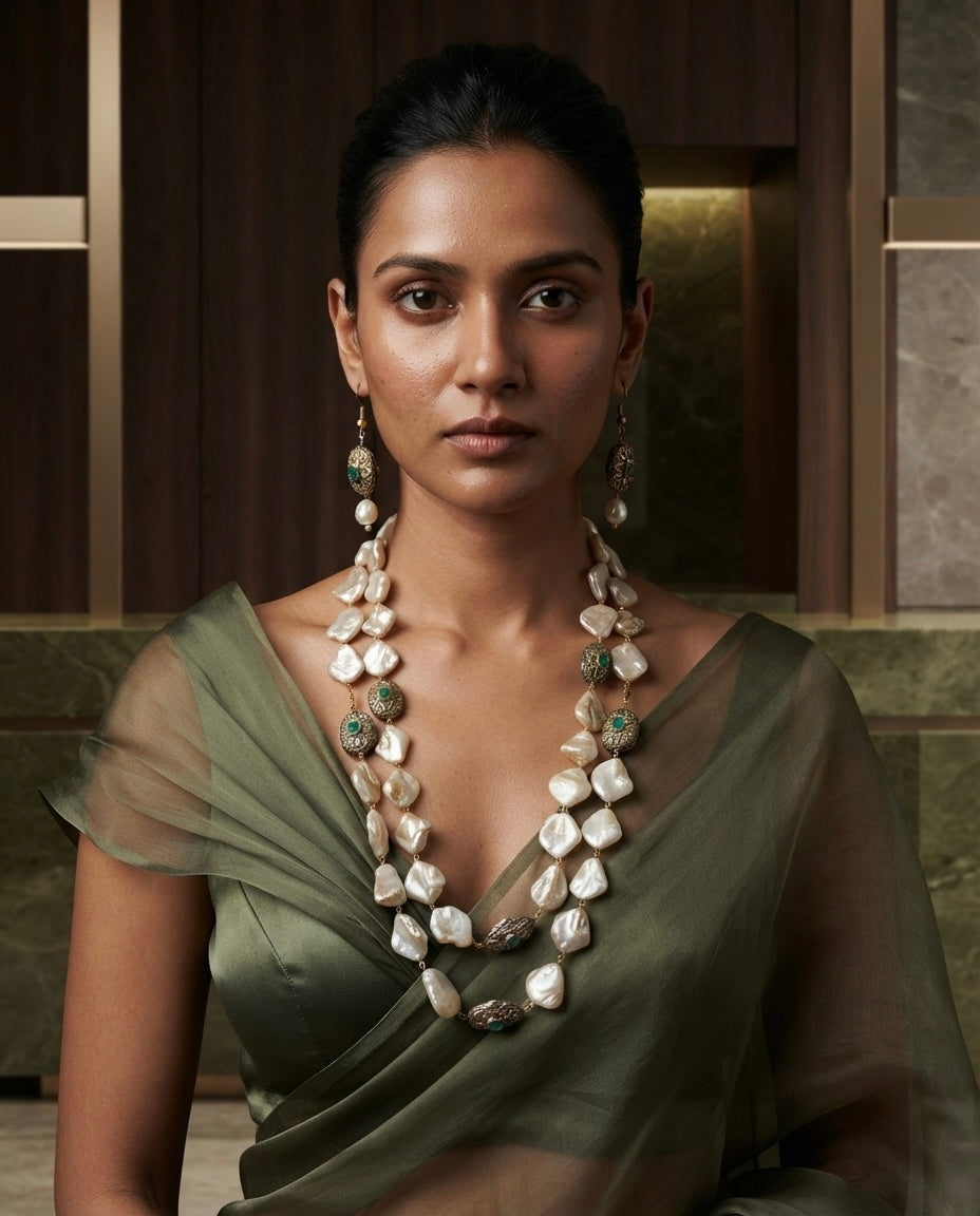 Freshwater Pearl & Emerald Necklace Set — Photo 6