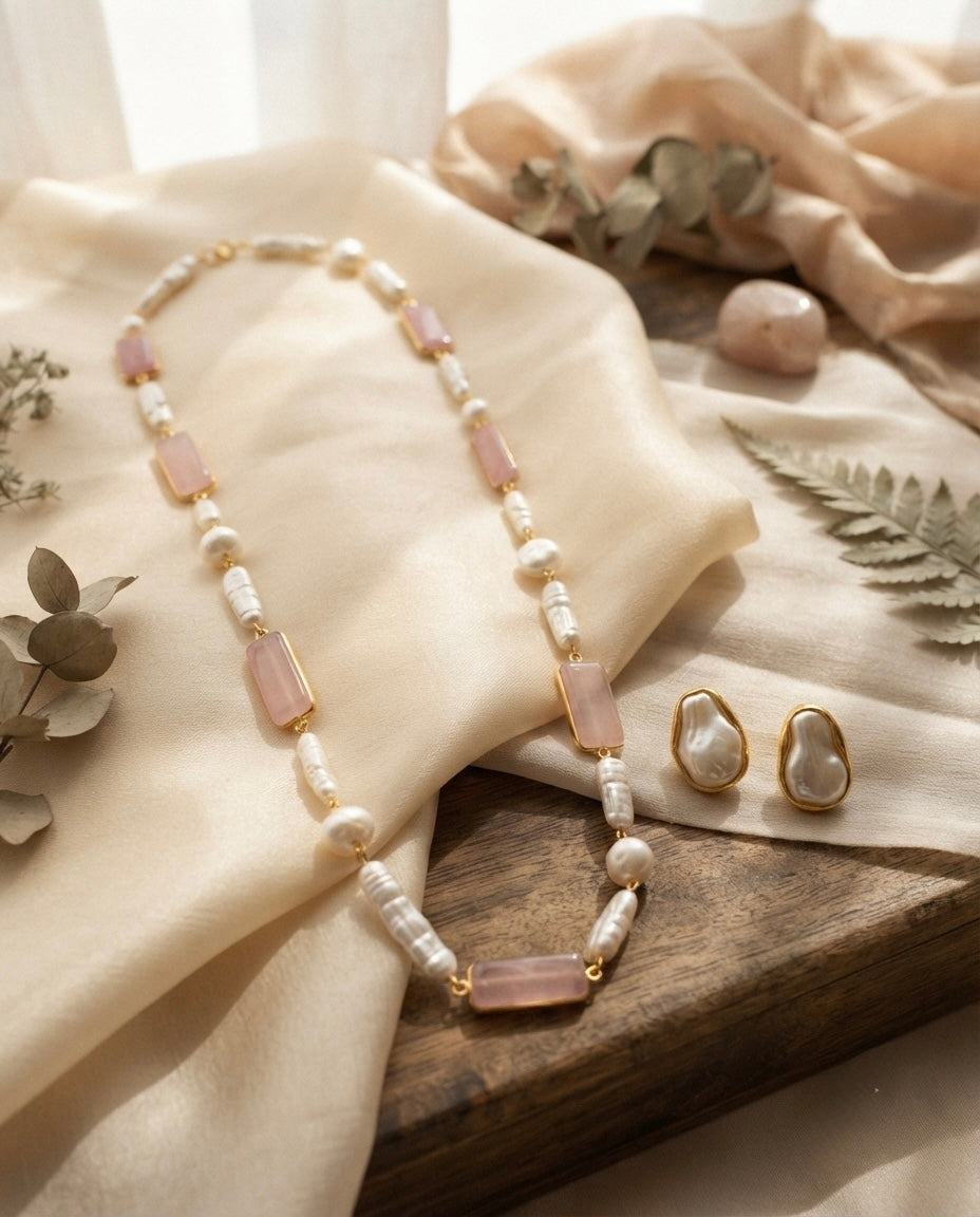 Pink Quartz & Pearl Necklace Set — Photo 6