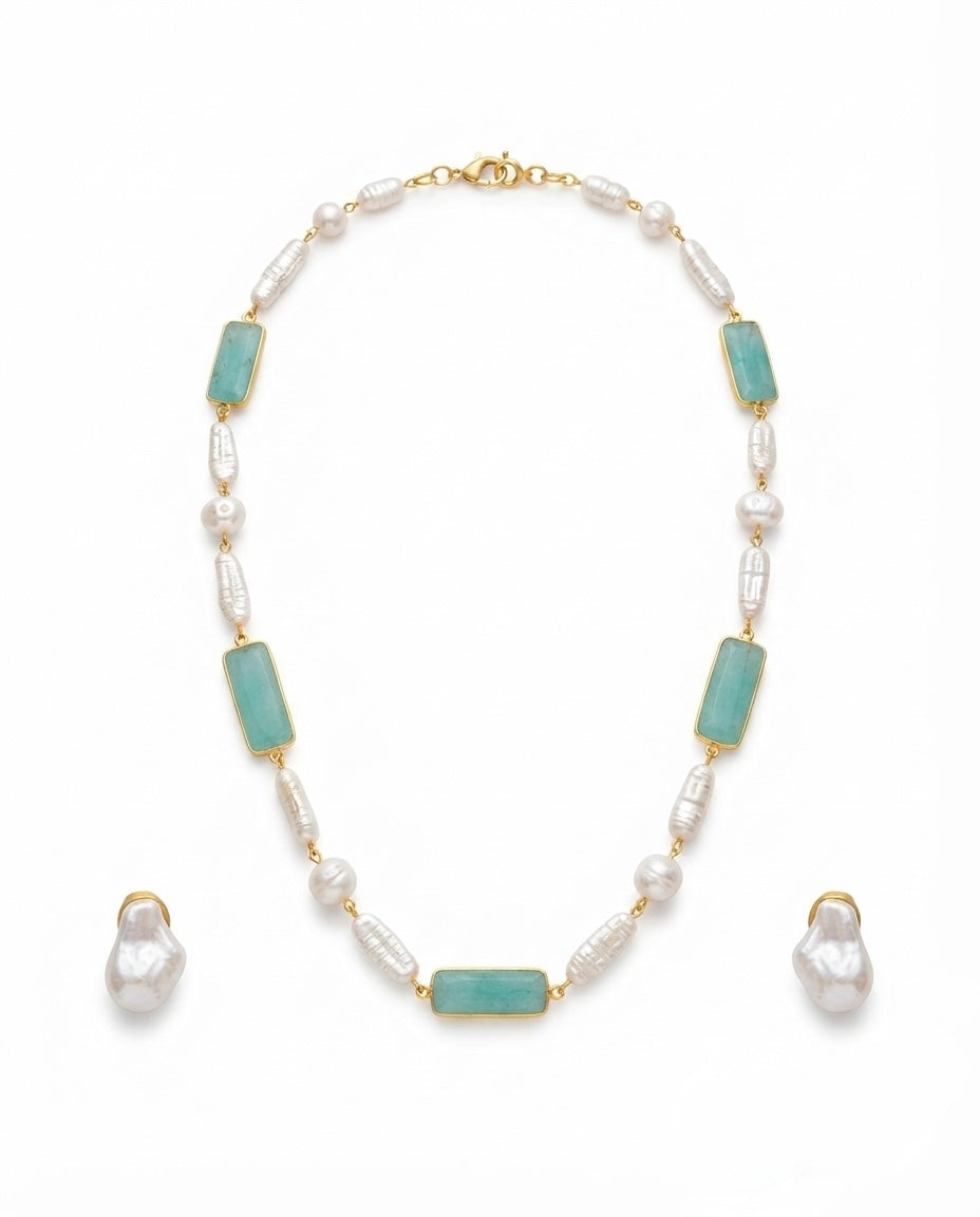 Aqua Blue Stone & Pearl Necklace Set — Photo 1
