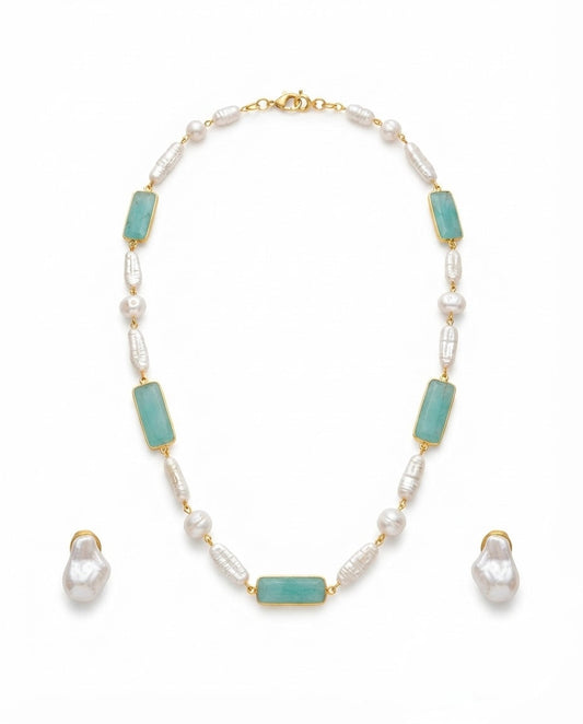 Aqua Blue Stone & Pearl Necklace Set — Photo 1