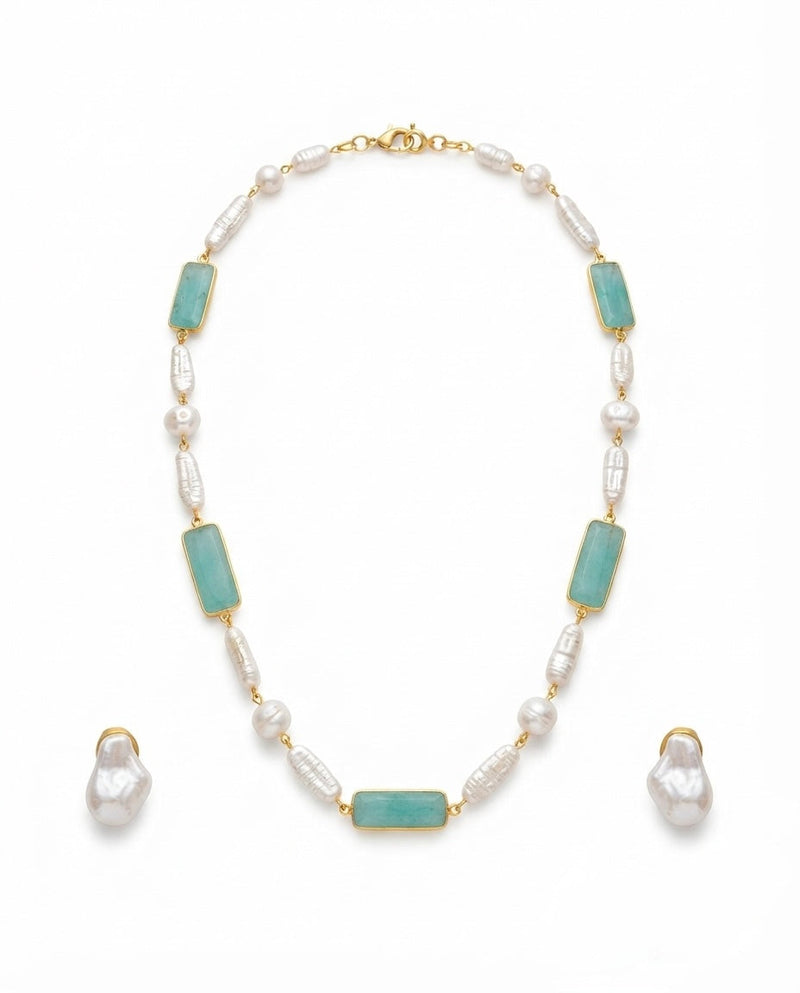 Aqua Blue Stone & Pearl Necklace Set — Photo 1